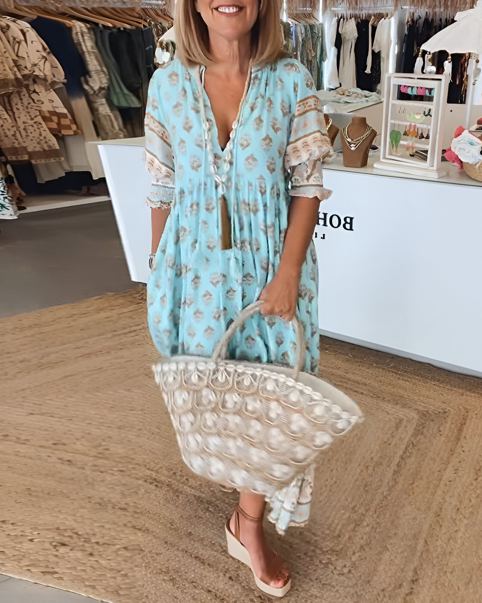Marcatino™ LongDress: Casual Lang Geplooide Feestjurk met Patroonprint