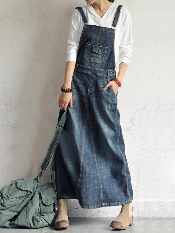Marcatino™ | Denim Overall Jurk Met Split Aan de Achterkant Blauw
