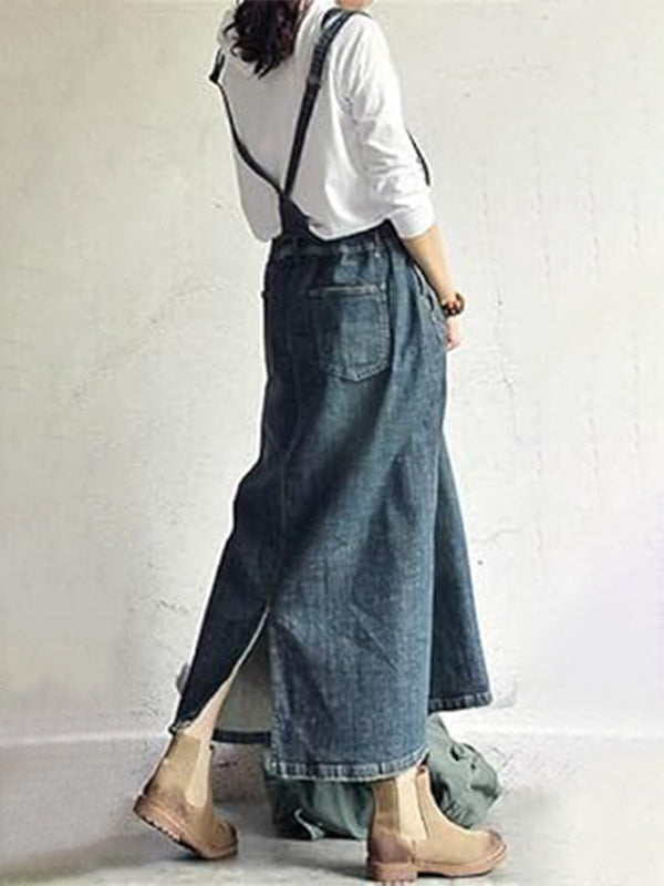 Marcatino™ | Denim Overall Jurk Met Split Aan de Achterkant Blauw