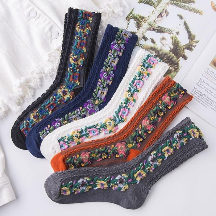 Marcatino™ | 5 Paren Set Vintage Geborduurde Gebloemde Sokken