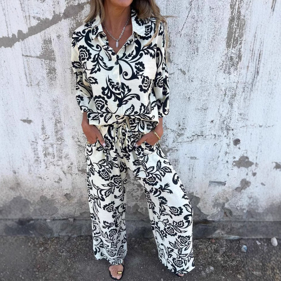 Marcatino™ | Mode Afdrukken Tweedelige Set Lange Mouwen En Top Wijde Broek