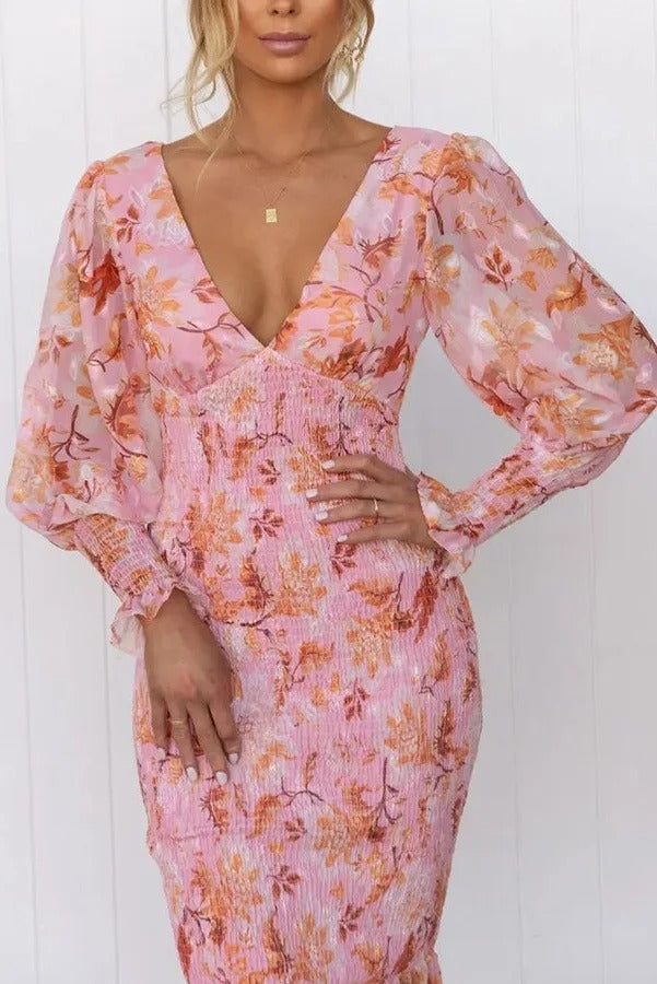 Marcatino™ | Stijlvolle Gebloemde Gesmokte Taille Midi-Jurk