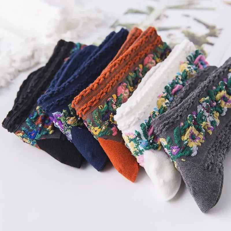 Marcatino™ | 5 Paren Set Vintage Geborduurde Gebloemde Sokken