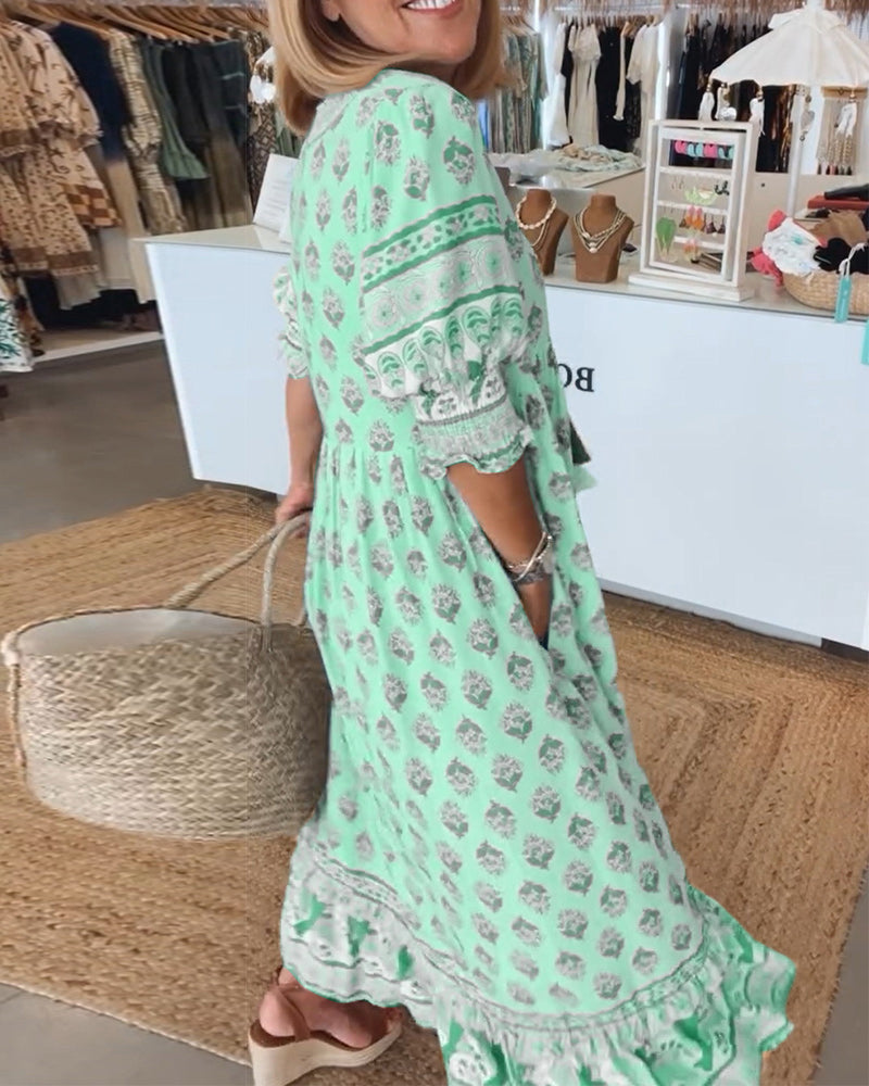Marcatino™ LongDress: Casual Lang Geplooide Feestjurk met Patroonprint