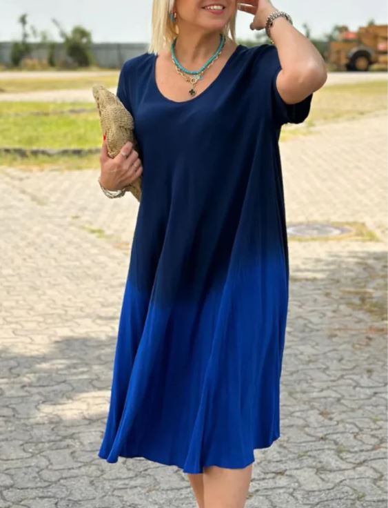 Marcatino™ LooseDress: Kleurverloop Ronde Hals Korte Mouw Jurk