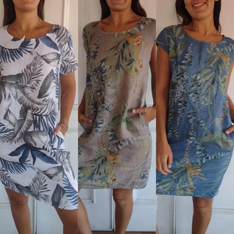 Marcatino™ FloralDress: Jurk met Ronde Hals en Botanische Print voor Dames