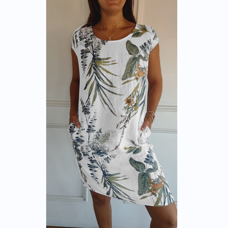 Marcatino™ FloralDress: Jurk met Ronde Hals en Botanische Print voor Dames