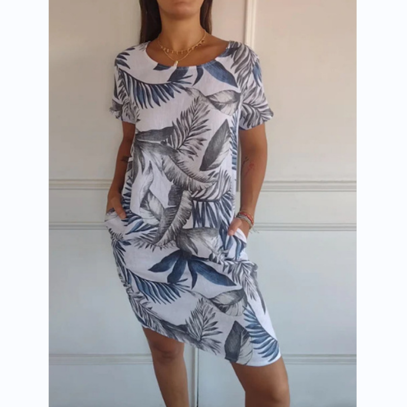Marcatino™ FloralDress: Jurk met Ronde Hals en Botanische Print voor Dames