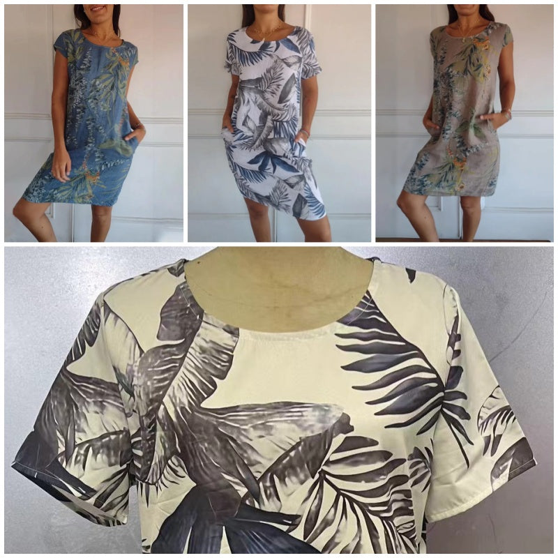 Marcatino™ FloralDress: Jurk met Ronde Hals en Botanische Print voor Dames