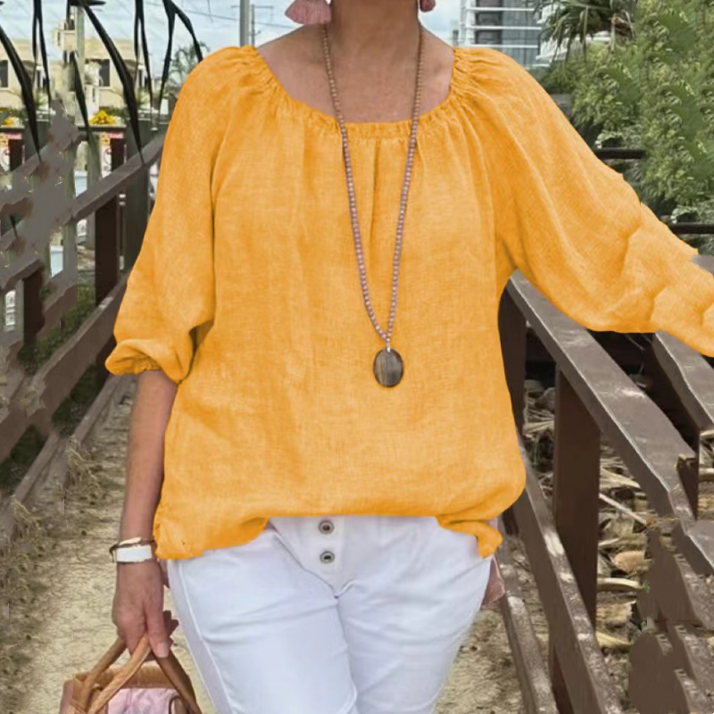 Marcatino™ CasualTop: Ronde Hals Mid Sleeve Katoenen Linnen Casual Damestop