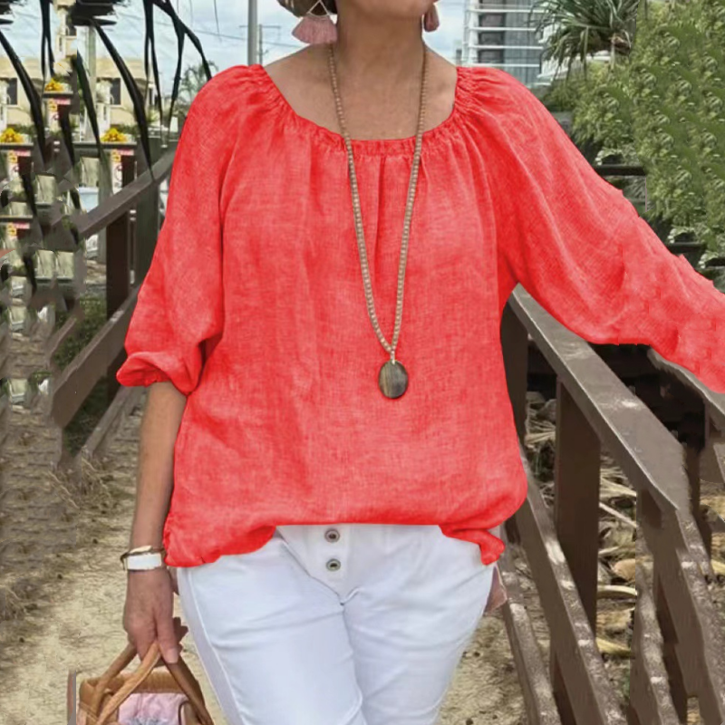 Marcatino™ CasualTop: Ronde Hals Mid Sleeve Katoenen Linnen Casual Damestop