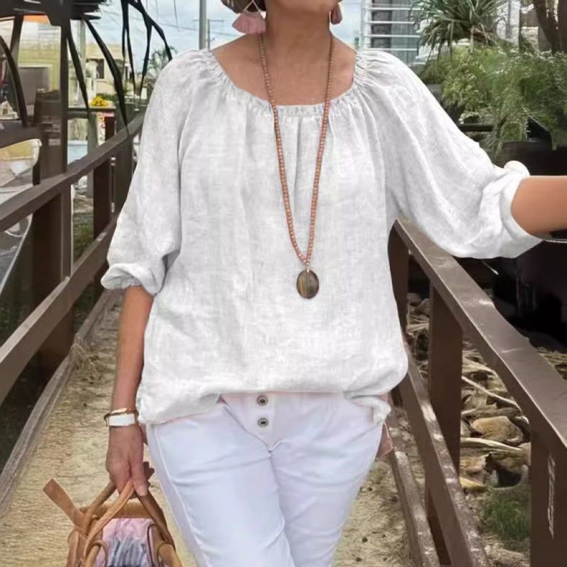 Marcatino™ CasualTop: Ronde Hals Mid Sleeve Katoenen Linnen Casual Damestop