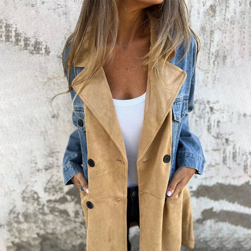 Marcatino™ | Trenchcoat van Middellange Lengte met Stiksels in Denim Jean