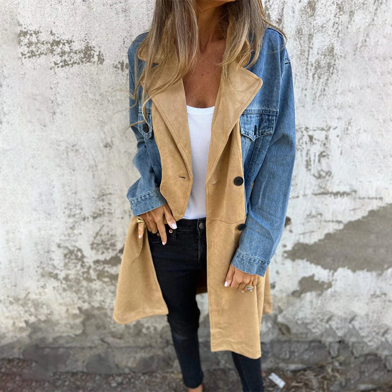 Marcatino™ | Trenchcoat van Middellange Lengte met Stiksels in Denim Jean