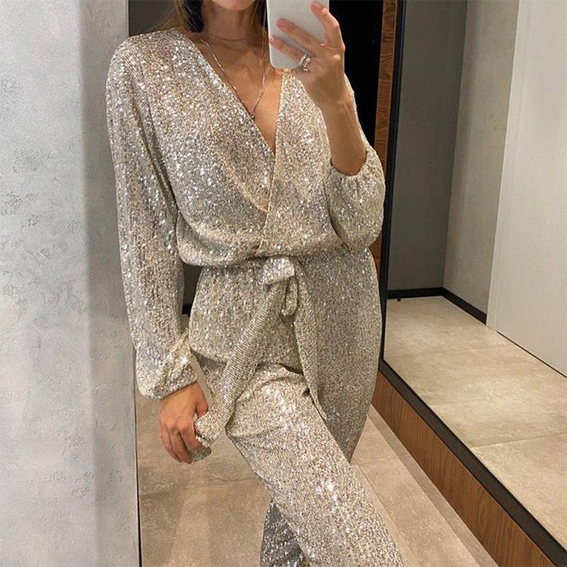 Marcatino™ | Glitterende Jumpsuits voor Dames met V-Hals en RIem