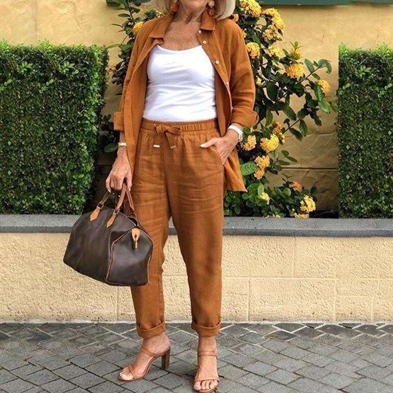 Marcatino™ | Damesset Katoenlinnen van Broek En Lange Mouwen Blouse