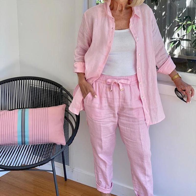 Marcatino™ | Damesset Katoenlinnen van Broek En Lange Mouwen Blouse