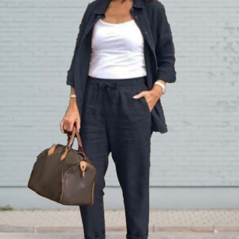 Marcatino™ | Damesset Katoenlinnen van Broek En Lange Mouwen Blouse
